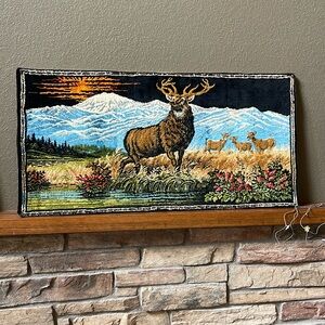 Vintage Deer Elk Stag Mountain Scene Velvet Tapestry Cabin Decor